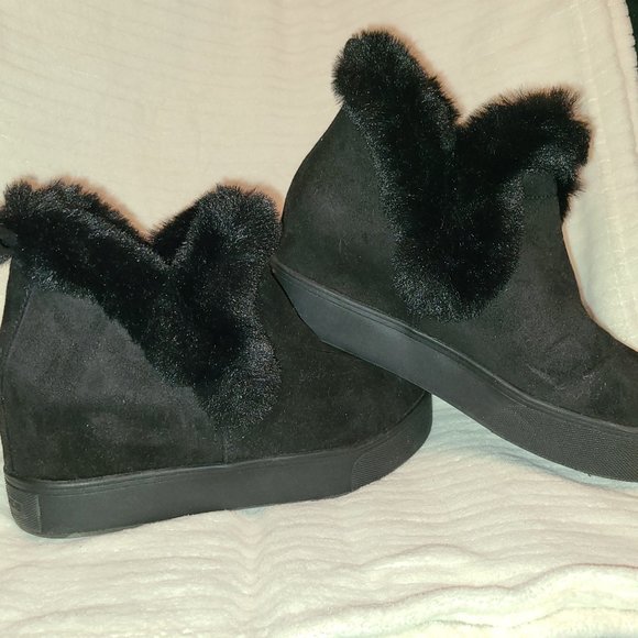 J/Slides Furry Black Wedge Booties - Picture 2 of 11